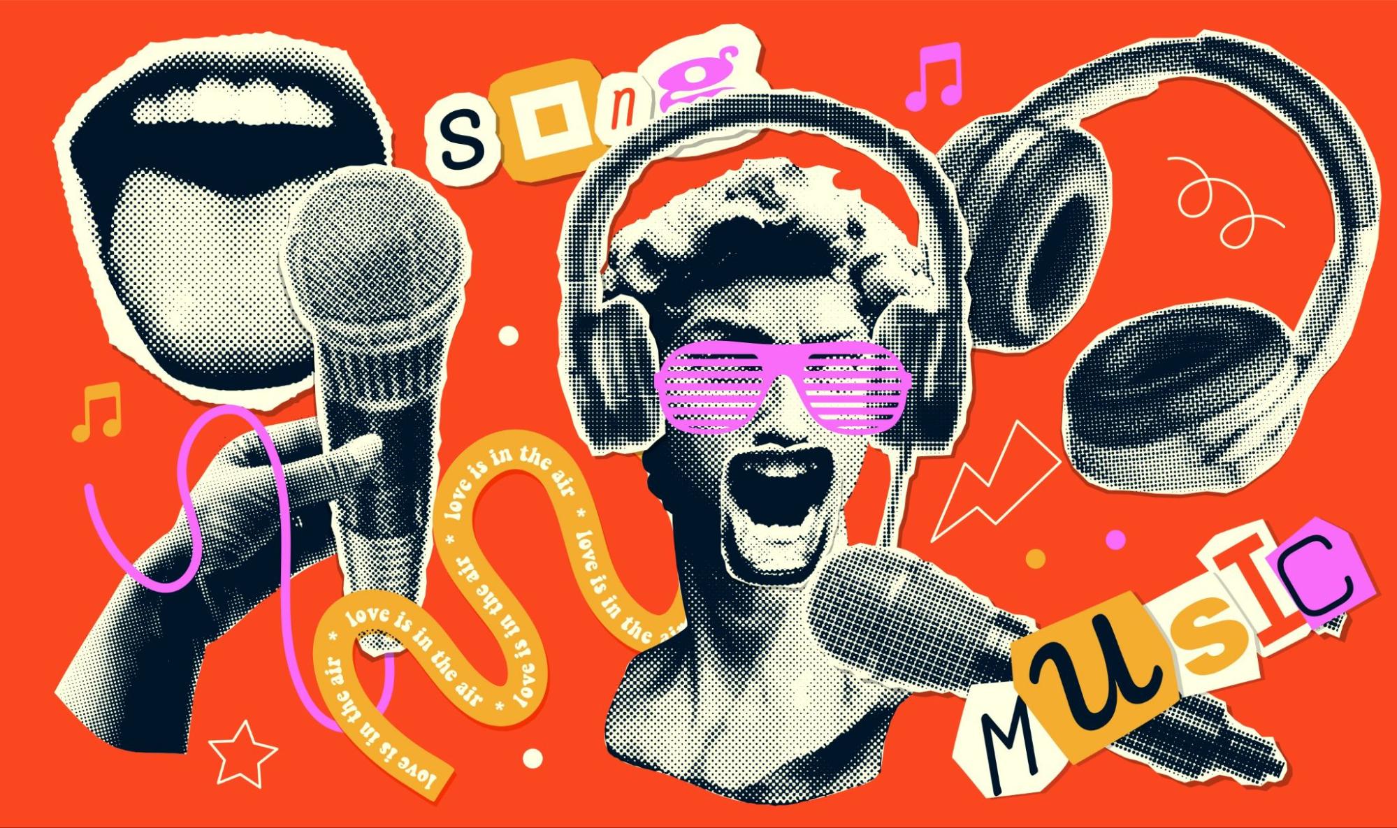 Collage of trendy halftone elements, 90s music, retro nostalgia. trendy Y2K elements with antique statue singing in mike. Paper torn out stickers. Vector illustration.