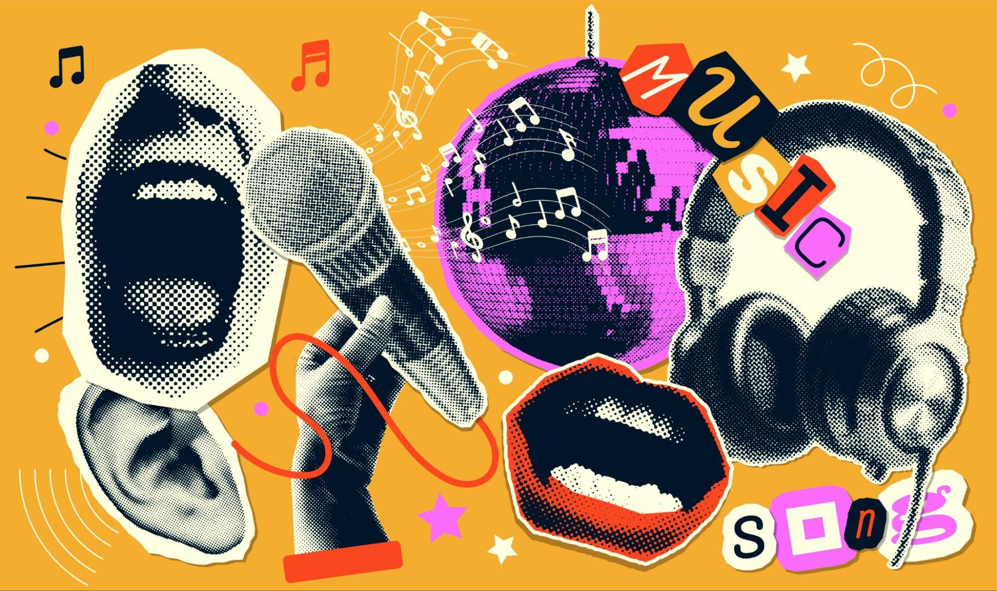 A cute little girl in a bright sweater and with short blond hair holds one hand at the top and sings loudly