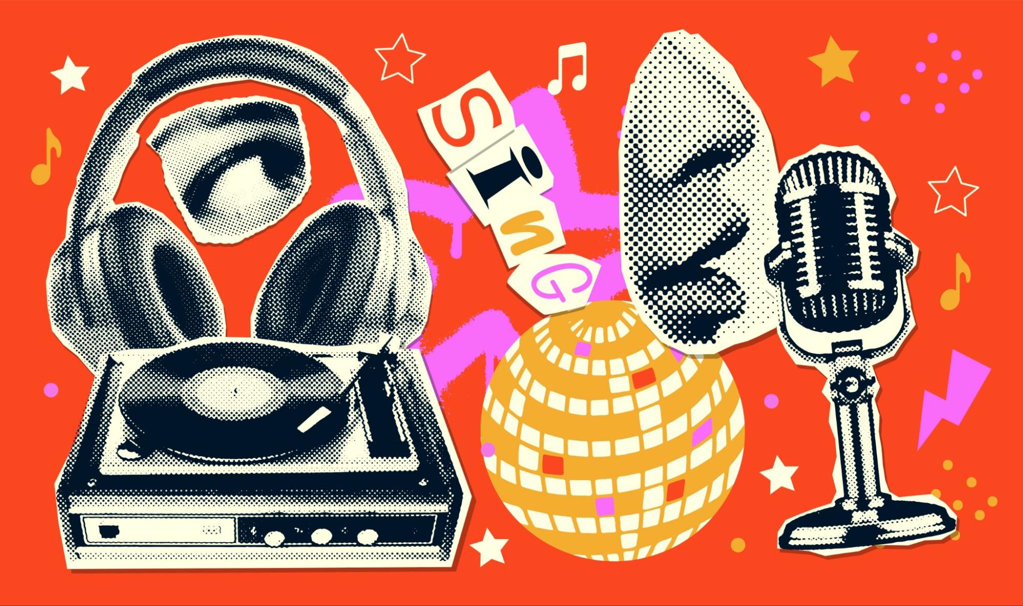 Vector music collage with sketch of microphone and lips in halftone