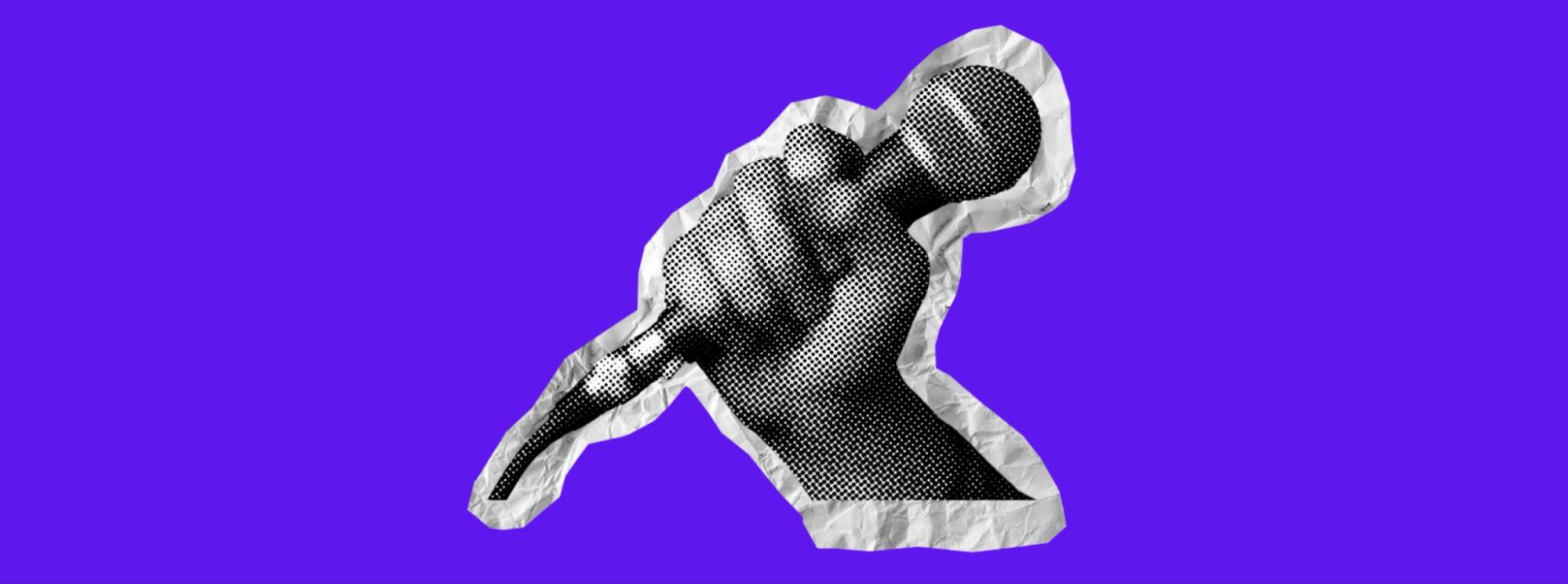 A hand holds a microphone. Collage element in halftone effect. Pop art illustration on bright yellow background. Vector