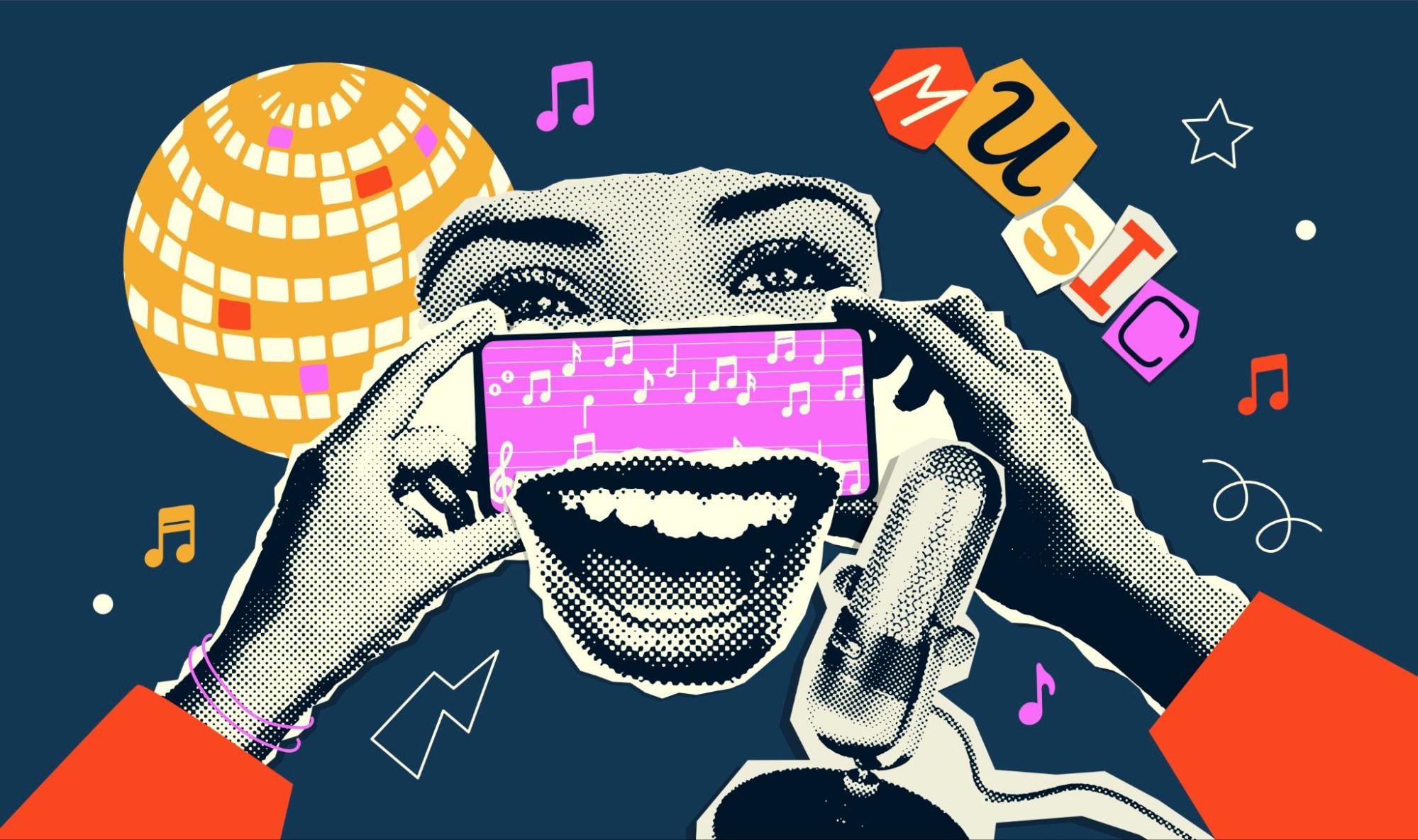 music collage set with audio cassette vintage microphone singing mouth vinyl record on dark checkered background halftone collage cut-out elements